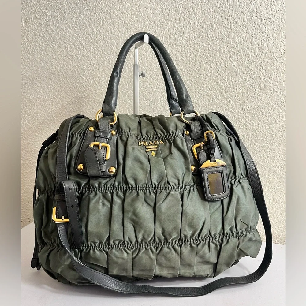 Prada Olive Green Quilted Nylon Tote with Gold Hardware - Picture 1 of 16